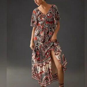 Anthropologie Brown and Red Tiered Patterned Maxi Dress